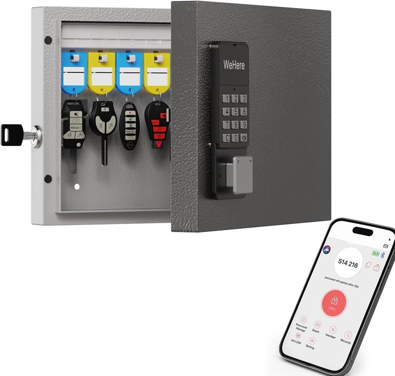 WeHere 16 Key Lock Box, Smart Wall Mount Key Cabinet with Key Tags, OTP/APP/Fixed Code Unlock, Security Storage Key Holder, Key Management for House, Hotel, Office - Image 1
